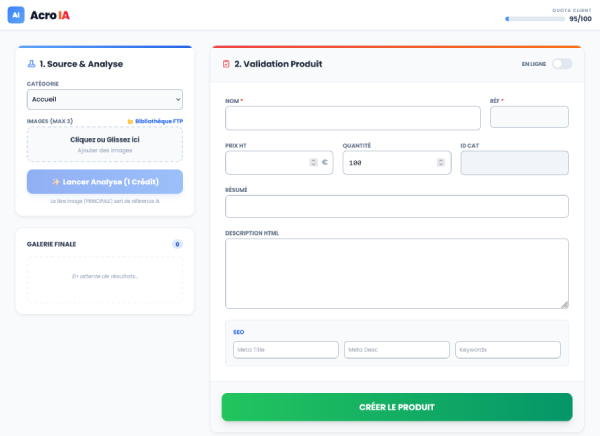 Interface Acro IA génération fiche produit