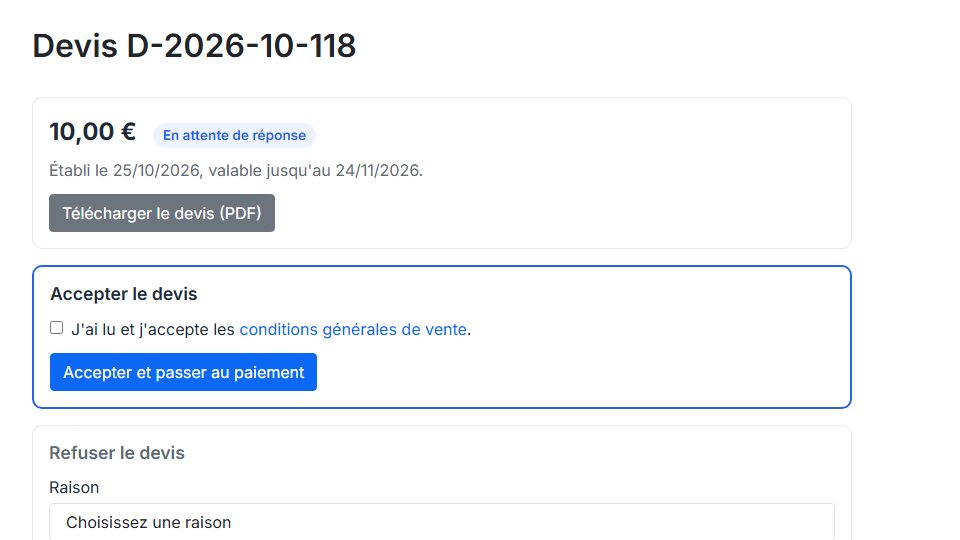 Capture d'un devis dans Mon compte : montant, PDF du devis, case des conditions générales de vente et bouton Accepter et passer au paiement