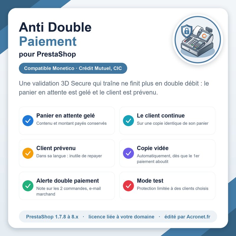 Module Anti Double Paiement pour PrestaShop et Monetico, édité par Acronet