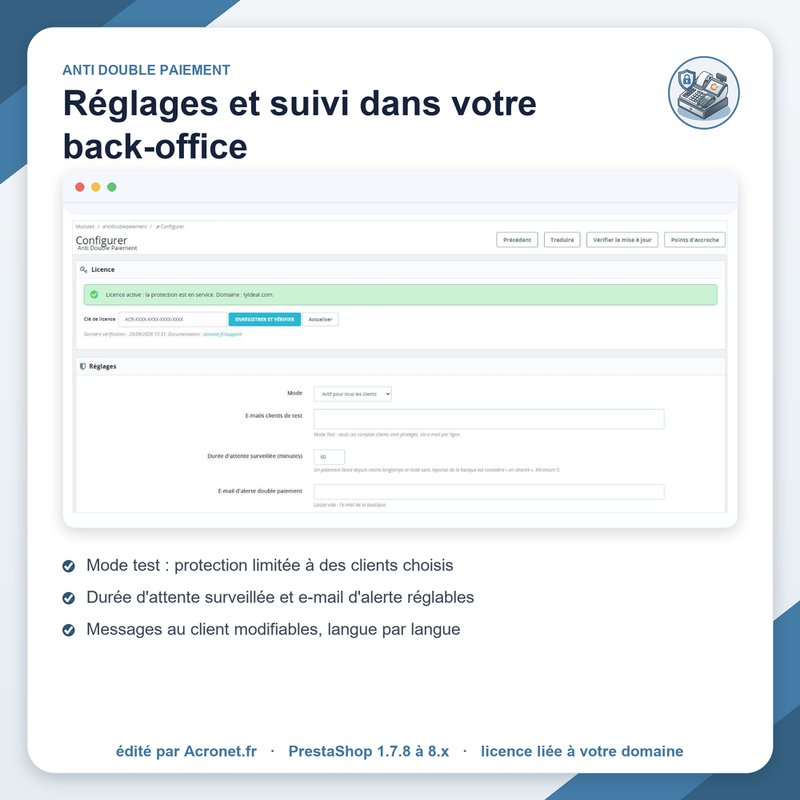 Back-office PrestaShop : licence et réglages du module Anti Double Paiement