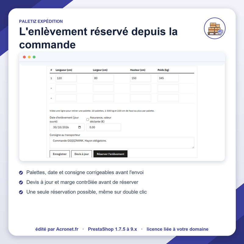 Réservation de l'enlèvement depuis la commande : palettes, date et consigne