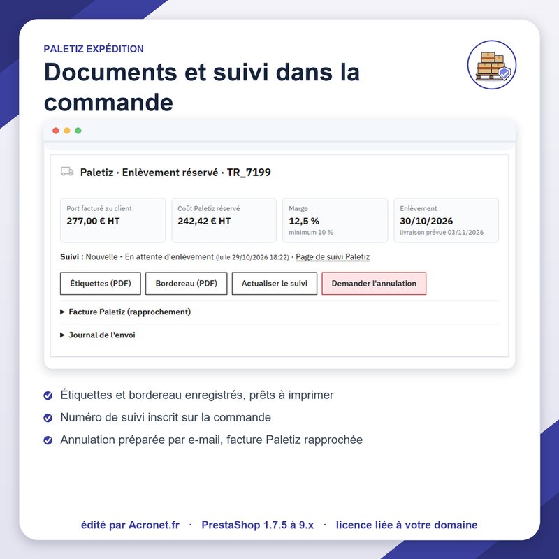 Enlèvement réservé : marge, étiquettes, bordereau et suivi dans la commande