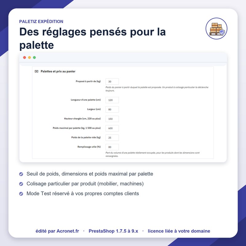 Réglages des palettes et du prix au panier