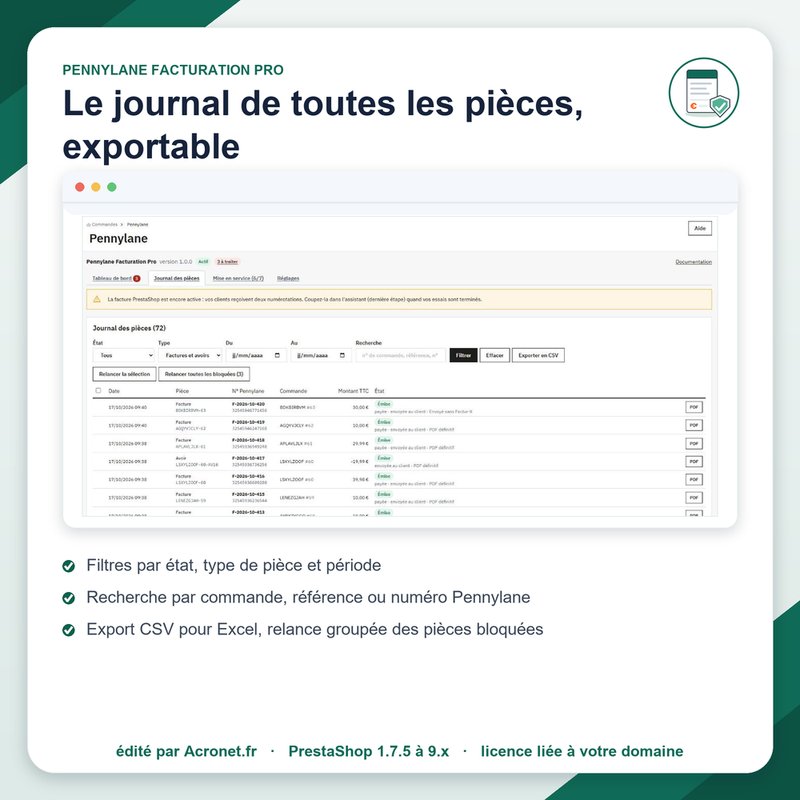 Journal des factures et avoirs Pennylane avec filtres et export CSV