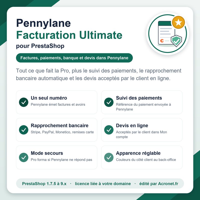 Module Pennylane Facturation Ultimate pour PrestaShop, édité par Acronet