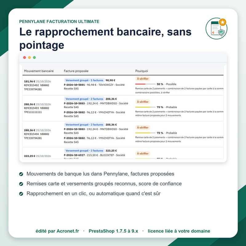 Rapprochement bancaire : mouvements de banque Pennylane, factures proposées et score de confiance