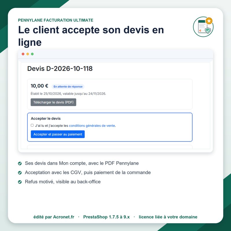 Devis accepté en ligne par le client dans Mon compte, avec les conditions générales de vente