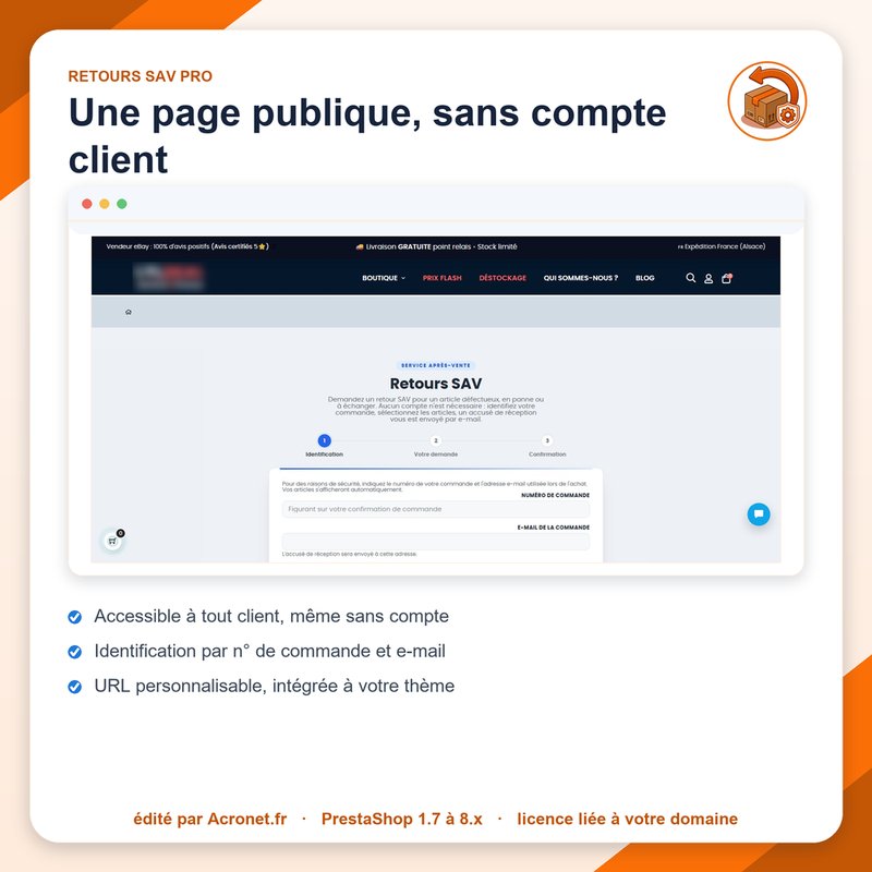 Page publique de demande de retour SAV, accessible sans compte client