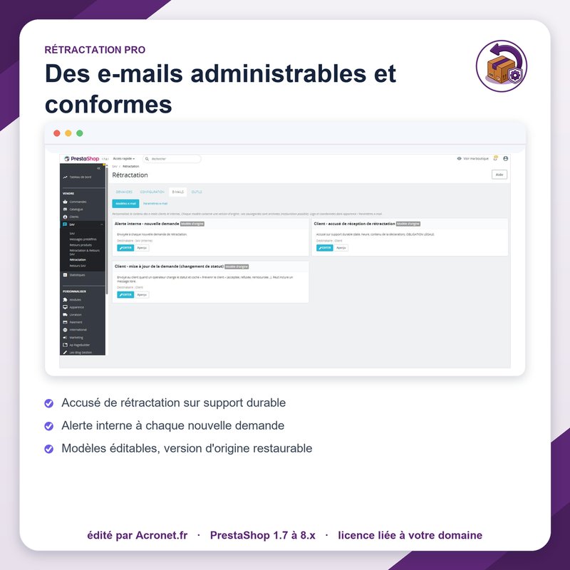 Modèles d'e-mails administrables, dont l'accusé sur support durable