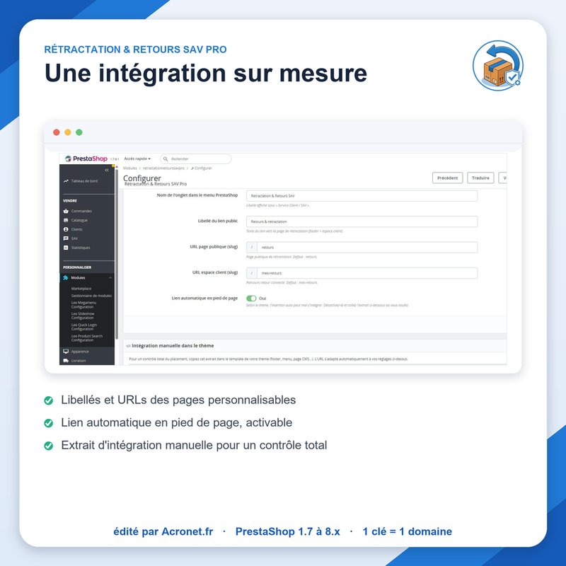Réglages du module : libellés, URLs et intégration sur mesure dans le thème
