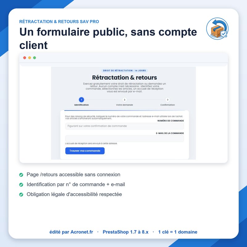 Formulaire public de rétractation et de retour SAV, accessible sans compte client (page /retours)